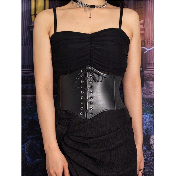 Black Corset Lace Up Wide Belt Leather Elastic - Picture 7 of 10